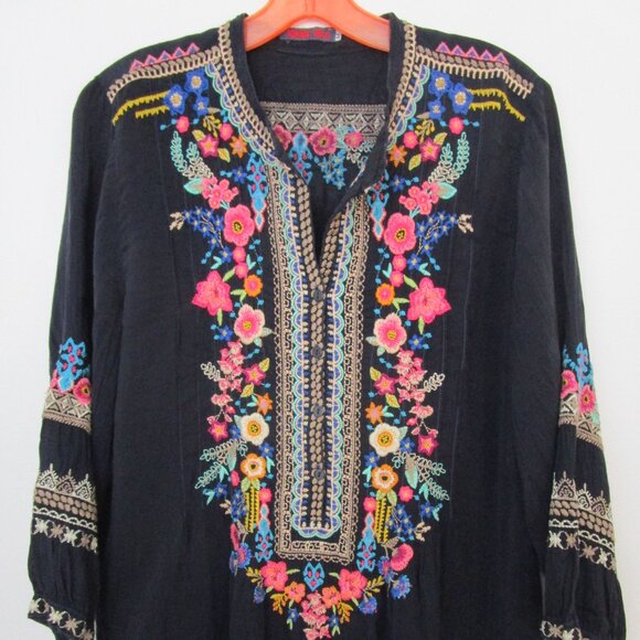 Wounded Navy Floral Embroidery Top Blouse Rayon Crinkle Bohemian - Picture 2 of 9